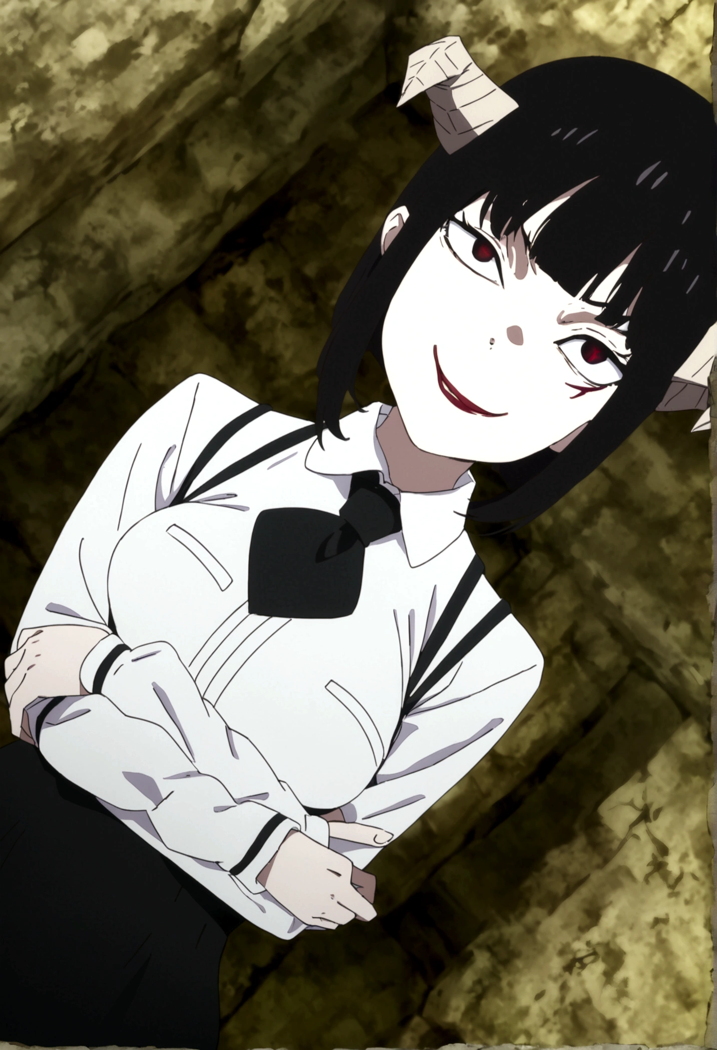 , artwork, tight white secretary shirt with black tie, black high-waist skirt, skirt short,sock, Bblack hair, blackstockings,evil smile,,bangs on the eyes,lighting,horn of hair,from above view,staring overhead,crossed arms
