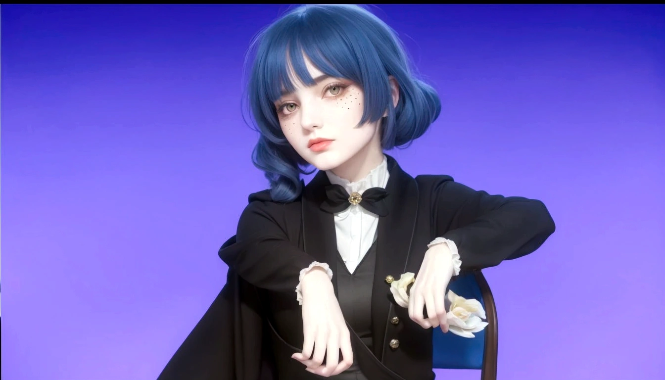 elegant european girl with bue hair and yellow eyes, a mole under right eye