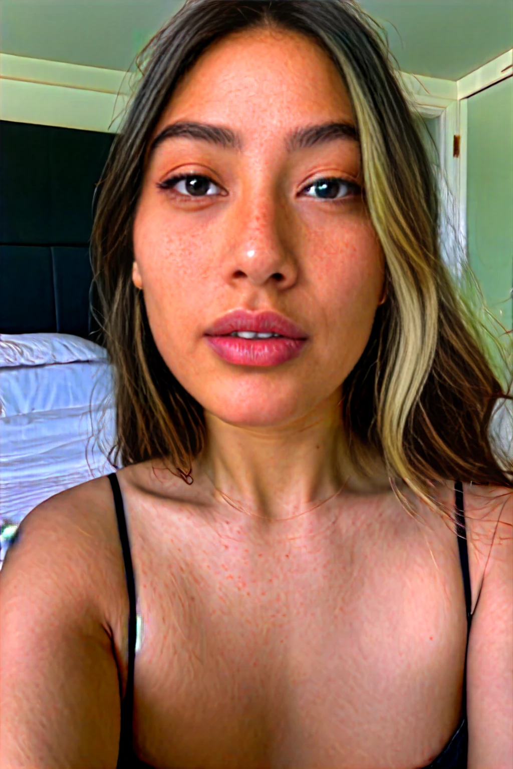 A young 19-year-old woman named Lila Nakamura with a mixed Japanese and Northern European heritage. She has thick dark black eyeliner, glossy lips, and a cute, endearing expression. She has straight, black hair with blonde highlights or a blonde tint that falls just past her shoulders, styled in a neat and polished manner. Her eyes are almond-shaped with a light, striking blue color, accentuated by subtle eyeshadow and mascara. Her skin has a light tone with a natural, fresh look, and she has a few delicate freckles across her nose. Nude, in the bedroom