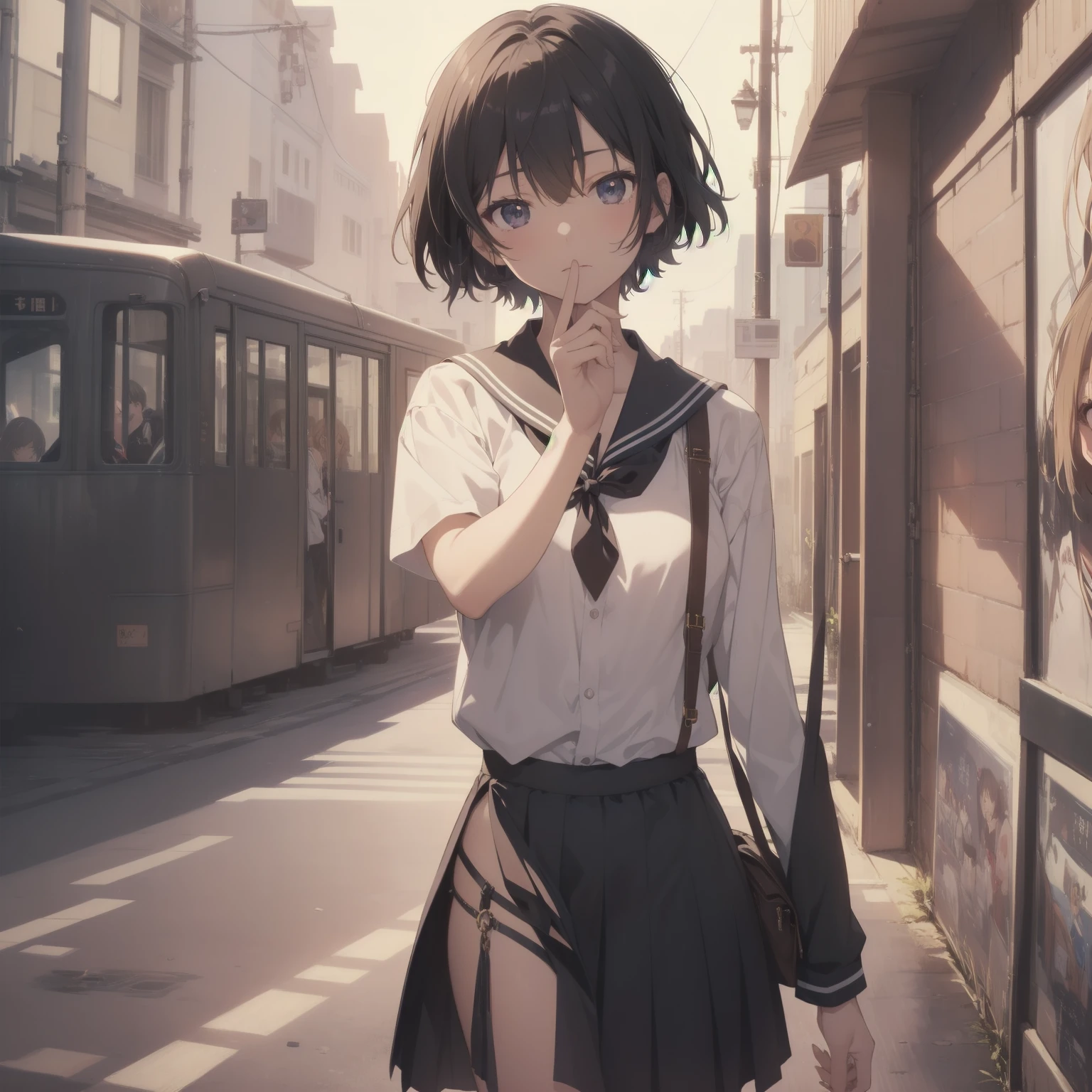ultra-absurdres-Top quality by artist God, ultra-detailed, high resolution, anime moe artstyle, best anime 8k konachan wallpaper, pixiv contest winner, pool:2810, perfect anatomy,break, 1girl, (Please draw a girl walking sleepily to school alone. )break,(Solo,little female, 13-year-old:1.3),Full limbs, complete fingers,a junior high school student, (very short hair), short cut, flat chest, , small butt, small black eyes, beautiful detailed eyes, well-proportioned iris and pupils, expressive eyes, highres detailed hair, soft expression, salor school_uniform, sailor collar, serahuku, bow, pleated skirt,(Detailed Lighting), (Detailed background), in the School commute route. break,dewy skin, perspiration on the skin,skin texture, fine lines, pores, natural imperfections,light reflections, glossy skin, shiny skin,break, Best cinematic lighting powered by famous artist, 8k,beauty illustration,photoshop_(medium),very aesthetic,break,((artist:enkyo_yuuichirou )), artist:clamp ,artist:carnelian ,artist:kantoku ,