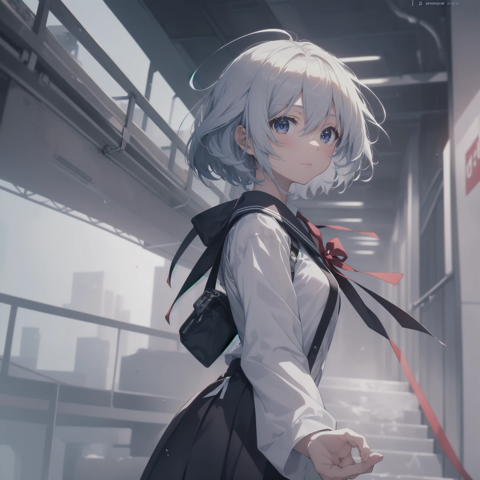 ultra-absurdres-Top quality by artist God, ultra-detailed, high resolution, anime moe artstyle, best anime 8k konachan wallpaper, pixiv contest winner, pool:2810, perfect anatomy,break, 1girl, (Please draw a girl walking sleepily to school alone. )break,(Solo,little female, 13-year-old:1.3),Full limbs, complete fingers,a junior high school student, (very short hair), short cut, flat chest, , small butt, small black eyes, beautiful detailed eyes, well-proportioned iris and pupils, expressive eyes, highres detailed hair, soft expression, salor school_uniform, sailor collar, serahuku, bow, pleated skirt,(Detailed Lighting), (Detailed background), in the School commute route. break,dewy skin, perspiration on the skin,skin texture, fine lines, pores, natural imperfections,light reflections, glossy skin, shiny skin,break, Best cinematic lighting powered by famous artist, 8k,beauty illustration,photoshop_(medium),very aesthetic,break,((artist:enkyo_yuuichirou )), artist:clamp ,artist:carnelian ,artist:kantoku ,