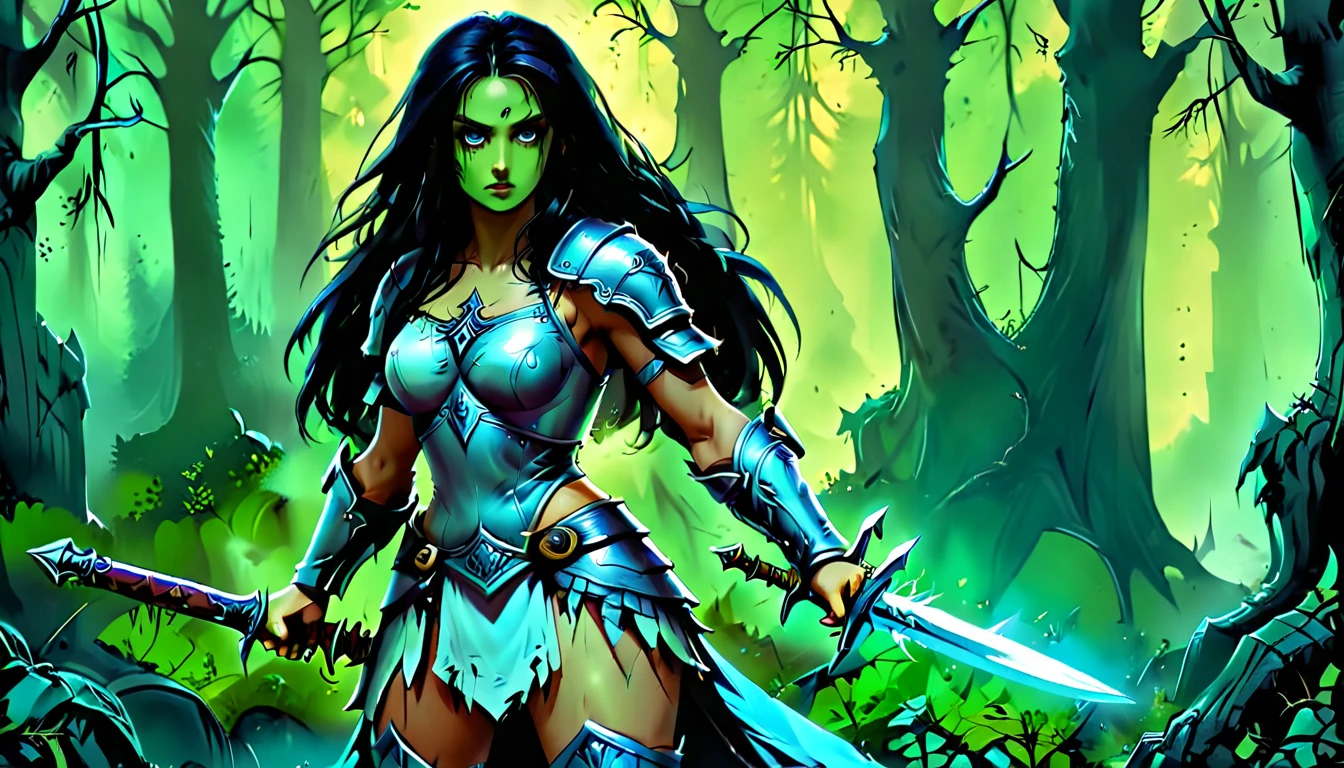 Arafed, a picture of woman paladin of nature protecting the forest from (zombie: 1.3), a woman knight, black hair, long hair, full body (best details, Masterpiece, best quality :1.5), ultra detailed face (best details, Masterpiece, best quality :1.5), ultra feminine (best details, Masterpiece, best quality :1.5), (black hair: 1.2), long hair, braided hair, pale skin, (deep blue: 1.2) eyes, intense eyes, wearying heavy armor, (white armor: 1.2) (best details, Masterpiece, best quality :1.5), (green cloak: 1.2) , armed with a sword, glowing sword DruidMagicAI, fighting a (zombie: 1.5) (dark fantasy art, best detailed, masterpiece: 1.5), dead zombie, skeletal hand, rotten flesh, filthy cloths, branches holding the zombie, muddy cloths, fantasy forest background, D&D art, RPG art, magical atmosphere magic-fantasy-forest, vibrant, Ultra-high resolution, High Contrast, (masterpiece:1.5), highest quality, Best aesthetics), best details, best quality, highres, (ultra wide angle: 1.2), 16k, ultra detailed, masterpiece, best quality, (extremely detailed), dark fantasy, Dark Art Painting Style, dark novel