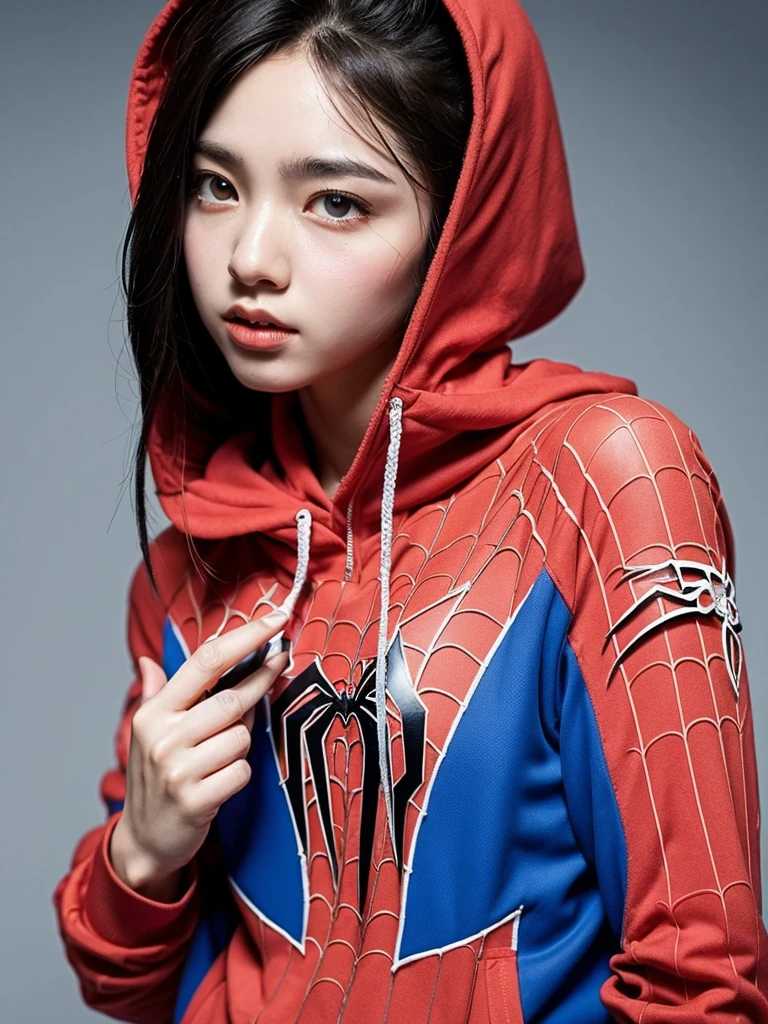 Beautiful young woman defines body details using Spiderman cosplay, Small breasts, hoodie, clear picture 4K