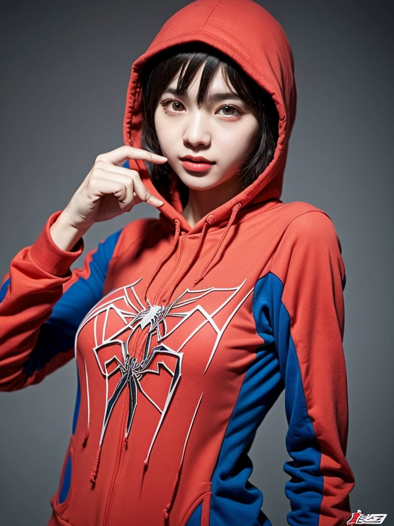 Beautiful young woman defines body details using Spiderman cosplay, Small breasts, hoodie, clear picture 4K