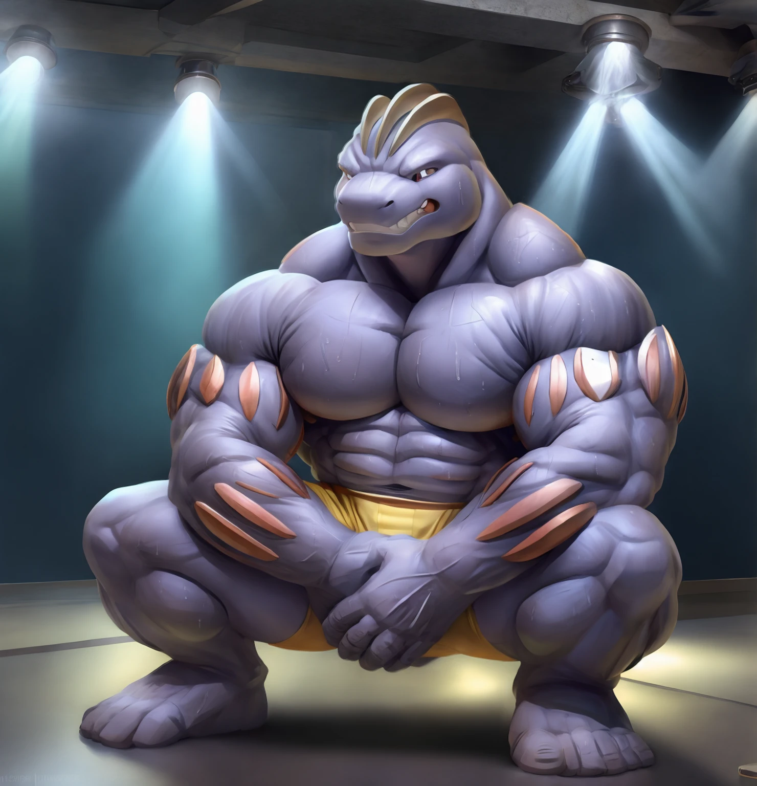 Machoke (Pokemon), Male machoke, spreading legs, looking at crotch, clenched teeth, yellow spandex pants, sweaty, squatting, hands on crotch, covering groin, grabbing crotch.