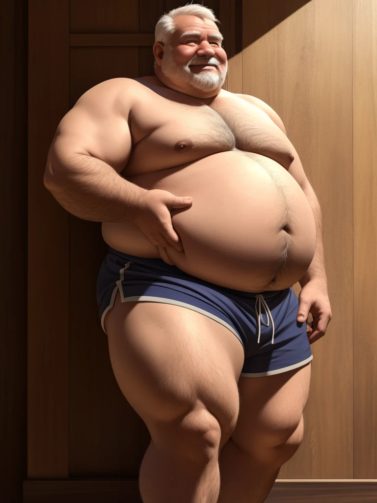 a smiling obese old man, grandpa, topless, shorts, chubby, big fat, detailed realistic portrait, 8k high resolution, sumo physique, side view, perfect center, full view, realistic skin texture, wrinkled face, short hair, jovial expression, huge belly:1.2, fat, wearing shorts, high detail, masterpiece, (best quality,4k,8k,highres,masterpiece:1.2),ultra-detailed