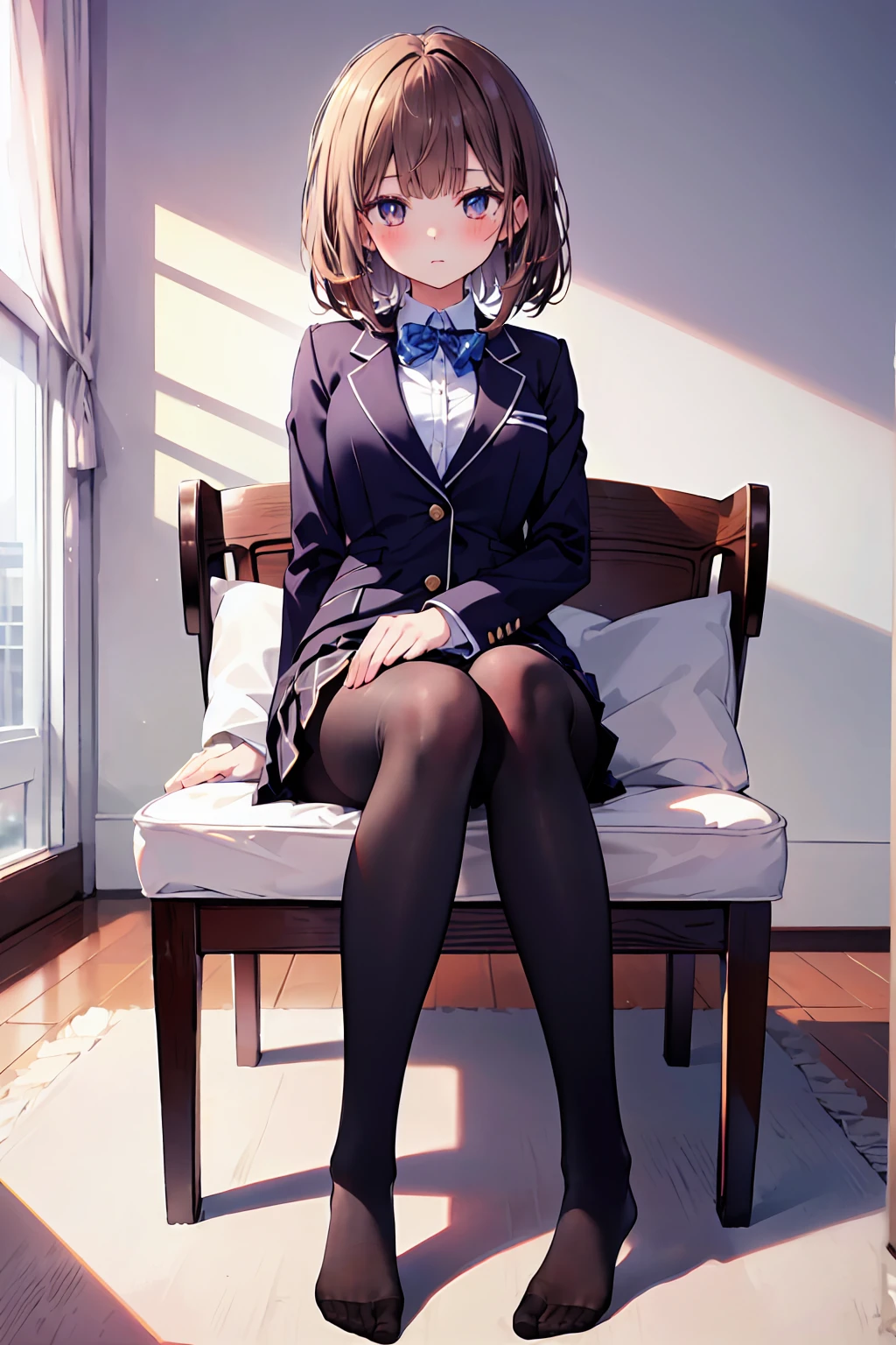 Highest quality, masterpiece, High resolution, (Head to Toe full body), front, frontやや下からの構図, Symmetric, Tall 18 year old girl, alone, (Head to Toe), (Small breasts), Unkempt brown hair, bangs, (black tights), (Black Pantyhose), (Sit with your legs apart), (Her legs were spread、(I was made to sit on the floor with my legs spread...), (M-shaped feet), Thin legs, Very beautiful 18 year old girl, (No shoes), blush, Shy big eyes, Looking into the camera, Blazer Uniform, Checkered Pleated Skirt、Star Town Suisei