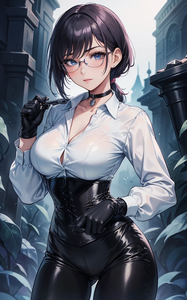 Masterpiece, Beautiful art, professional artist, 8k, art style by sciamano240, Very detailed face, Detailed clothing, detailed fabric, 1 girl, perfectly drawn body, fighting pose, beautiful face, Short ponytail hair, blue eyes, very detailed eyes, pink cheeks, shy expression, glasses, choker:1.6, (long sleeve white collar buttoned shirt), black gloves, gloves covering hands, (holding an antique 15th century pistol in his right hand), (black leather corset), (shiny black leggings), sensual lips , evening de invierno, show details in the eyes, view from front, looking at the viewer, dark path, dark forest, evening, Atmosphere, fog