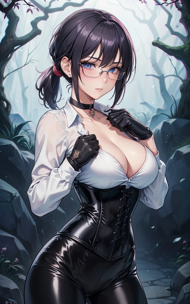 Masterpiece, Beautiful art, professional artist, 8k, art style by sciamano240, Very detailed face, Detailed clothing, detailed fabric, 1 girl, perfectly drawn body, fighting pose, beautiful face, Short ponytail hair, blue eyes, very detailed eyes, pink cheeks, shy expression, glasses, choker:1.6, (long sleeve white collar buttoned shirt), black gloves, gloves covering hands, (holding an antique 15th century pistol in his right hand), (black leather corset), (shiny black leggings), sensual lips ,  evening de invierno, show details in the eyes, view from front, looking at the viewer, dark path, dark forest, evening, Atmosphere, fog