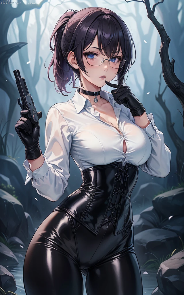 Masterpiece, Beautiful art, professional artist, 8k, art style by sciamano240, Very detailed face, Detailed clothing, detailed fabric, 1 girl, perfectly drawn body, fighting pose, beautiful face, Short ponytail hair, blue eyes, very detailed eyes, pink cheeks, shy expression, glasses, choker:1.6, (long sleeve white collar buttoned shirt), black gloves, gloves covering hands, (holding an antique 15th century pistol in his right hand), (black leather corset), (shiny black leggings), sensual lips ,  evening de invierno, show details in the eyes, view from front, looking at the viewer, dark path, dark forest, evening, Atmosphere, fog