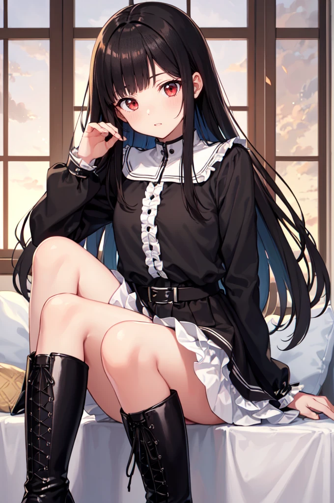 (Highest quality,High resolution,Beautiful attention to detail,White lighting:1.2),Red eyes, View your viewers, Long Hair, Black Hair, Knee-high boots, Black footwear, blush, Sitting, Long sleeve, bangs, Part your lips, Black Hair, dress, Raise your knees, Brown Hair, white skirt, Frills, skirt,Thighs
