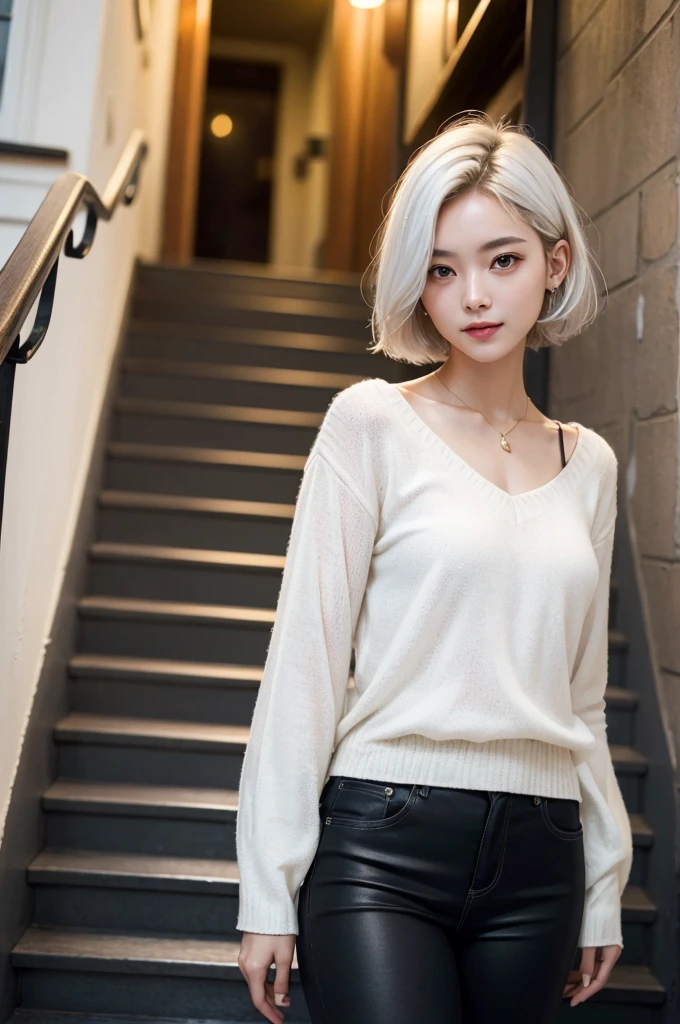 Highest quality、masterpiece、超High resolution、(whole body,Realistic:1.3)、RAW Photos、(One girl,Small breasts), Beautiful Face, (Realistic Face,Detailed facial expressions,smile), (White Hair、short hair:1.3), Beautiful Hairstyles, Realistic eyes, Beautiful fine details, (Realistic Skin), Beautiful Skin, (Long sleeve,Black trousers,Stylish trendy fashion), Confused, charm, 超High resolution, Ultra-realistic, High resolution, Golden Ratio、Standing on the stairs,European cityscape,Mr.々Posing,Shooting from below,