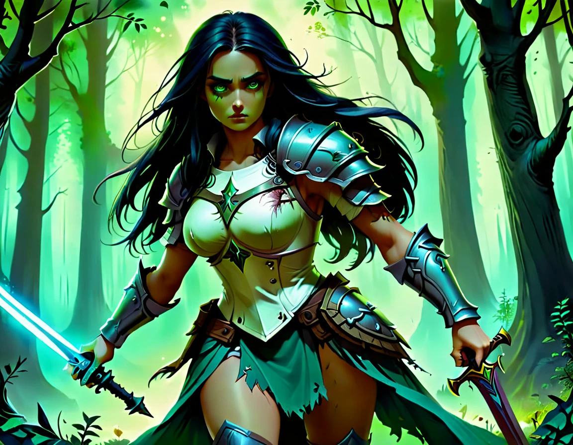 Arafed, a picture of woman paladin of nature protecting the forest from (zombie: 1.3), a woman knight, black hair, long hair, full body (best details, Masterpiece, best quality :1.5), ultra detailed face (best details, Masterpiece, best quality :1.5), ultra feminine (best details, Masterpiece, best quality :1.5), (black hair: 1.2), long hair, braided hair, pale skin, (deep blue: 1.2) eyes, intense eyes, wearying heavy armor, (white armor: 1.2)  (best details, Masterpiece, best quality :1.5), (green cloak: 1.2) , armed with a sword, glowing sword DruidMagicAI, fighting zombie (dark fantasy art, best detailed, masterpiece: 1.5), dead zombie, skeletal hand, rotten flesh, filthy cloths, branches holding the zombie,  muddy cloths,  fantasy forest background, D&D art, RPG art, magical atmosphere magic-fantasy-forest, ultra best realistic, best details, best quality, 16k, [ultra detailed], masterpiece, best quality, (extremely detailed), ultra wide shot, photorealism, depth of field, hyper realistic painting, dark fantasy, Dark Art Painting Style, dark novel