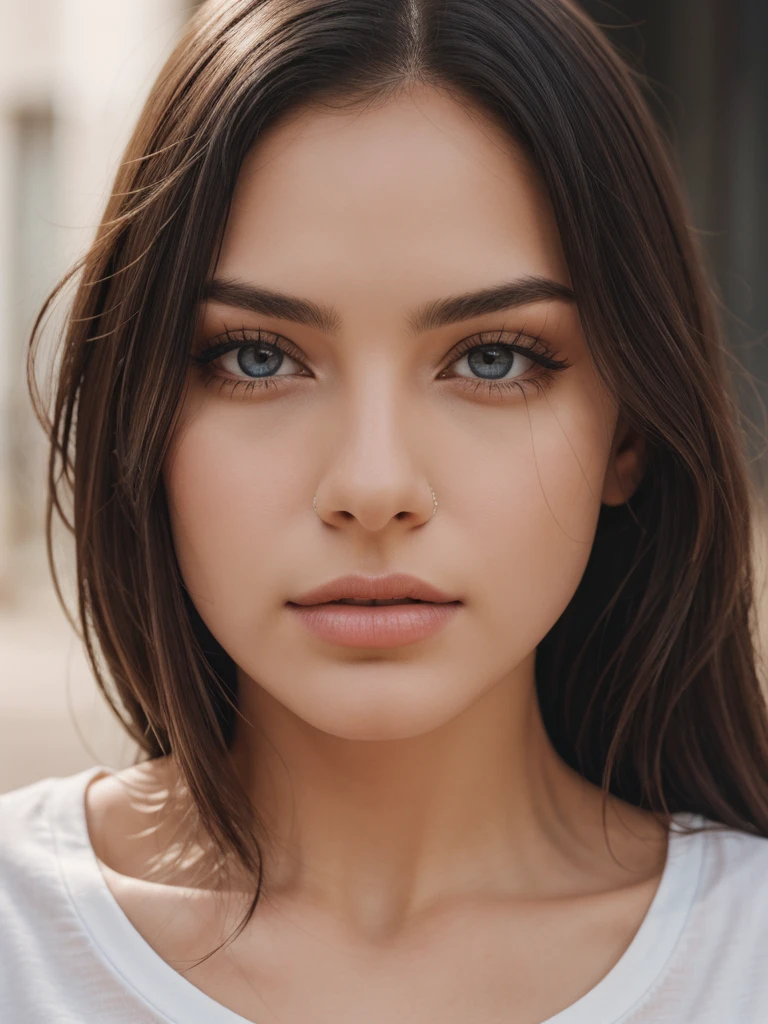 a beautiful girl in white t-shirt and black jeans, detailed face with beautiful eyes, detailed lips, long eyelashes, photorealistic, highly detailed, 4k, masterpiece, professional portrait photography, natural lighting, warm tones, cinematic, elegant, dynamic pose
