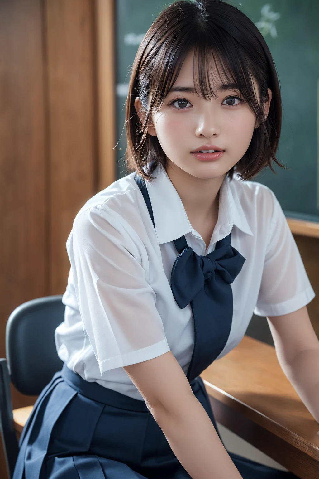 Tabletop, highest quality, Japanese Girls,One Girl, 8k, RAW Photos, highest quality, Tabletop, Debtdebt:1.2, Highly detailed RAW color photos, Professional photos, (Realistic, Realistic:1.37), (Highly detailed skins:1.2), Ultra-high resolution, (Lenz 50mm), (debt/1.2),Exquisitely drawn eyes,Gazing at the audience,
One Girlと別れる (Many elderly people:1.4), Beautiful Face, cute,(smile:1.05),(20-year-old, Wide Hips,Straight hair, (short hair), iris, white and fine-grained skin,Small Mouth, high cheekbones (meaning), Sexy pose,(Leaning forward:1.3),(The to the debtW:1.1),White panties、Korean Idol、Nogizaka Idol、Carving an idol pose、Adult、、(Tabletop, highest quality:1.3), (Ultra-fine 8K CG:1.2), (Ultra-realistic:1.35), (Realistic:1.45), (Realistic:1.4), Cowboy Shot,
Beautiful Japanese Women, 22 years old, Supermodel, Japanese Idols, , (Sitting at a desk:1.1), (school uniform:1.4), (Skirt flip:1.6),
(School classroom background:1.1),