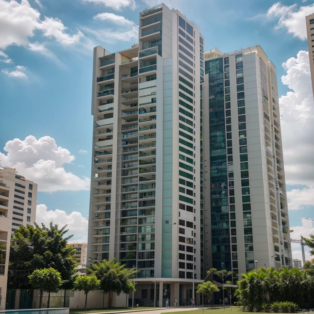 Create a realistic 4K image of a modern condominium in Brasília with solar panels installed on the roof. The building should be a tall vertical structure surrounded by lush green areas. The solar panels should be visibly installed on the roofs of the condominium. The image should be in Instagram post format (1:1 aspect ratio). The visual style should be professional and attractive, with colors evoking sustainability and technology. 