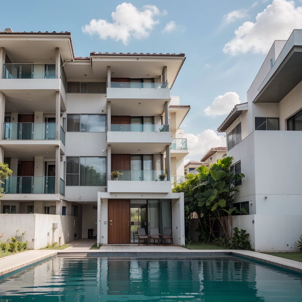 Create a realistic 4K image of a modern condominium in Brasília with solar panels installed on the roof. The building should be a tall vertical structure surrounded by lush green areas. The solar panels should be visibly installed on the roofs of the condominium. The image should be in Instagram post format (1:1 aspect ratio). The visual style should be professional and attractive, with colors evoking sustainability and technology.