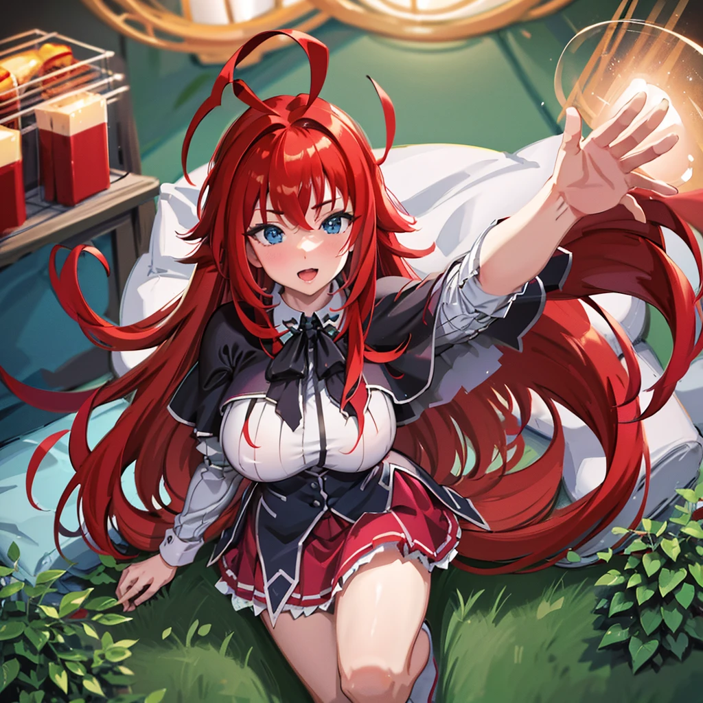 masterpiece, best quality, highres, rias gremory, 1girl, long hair, red hair, ahoge, blue eyes, large breasts, very long hair, breasts, huge ahoge, bedroom, nuisette, wearing a nuisette