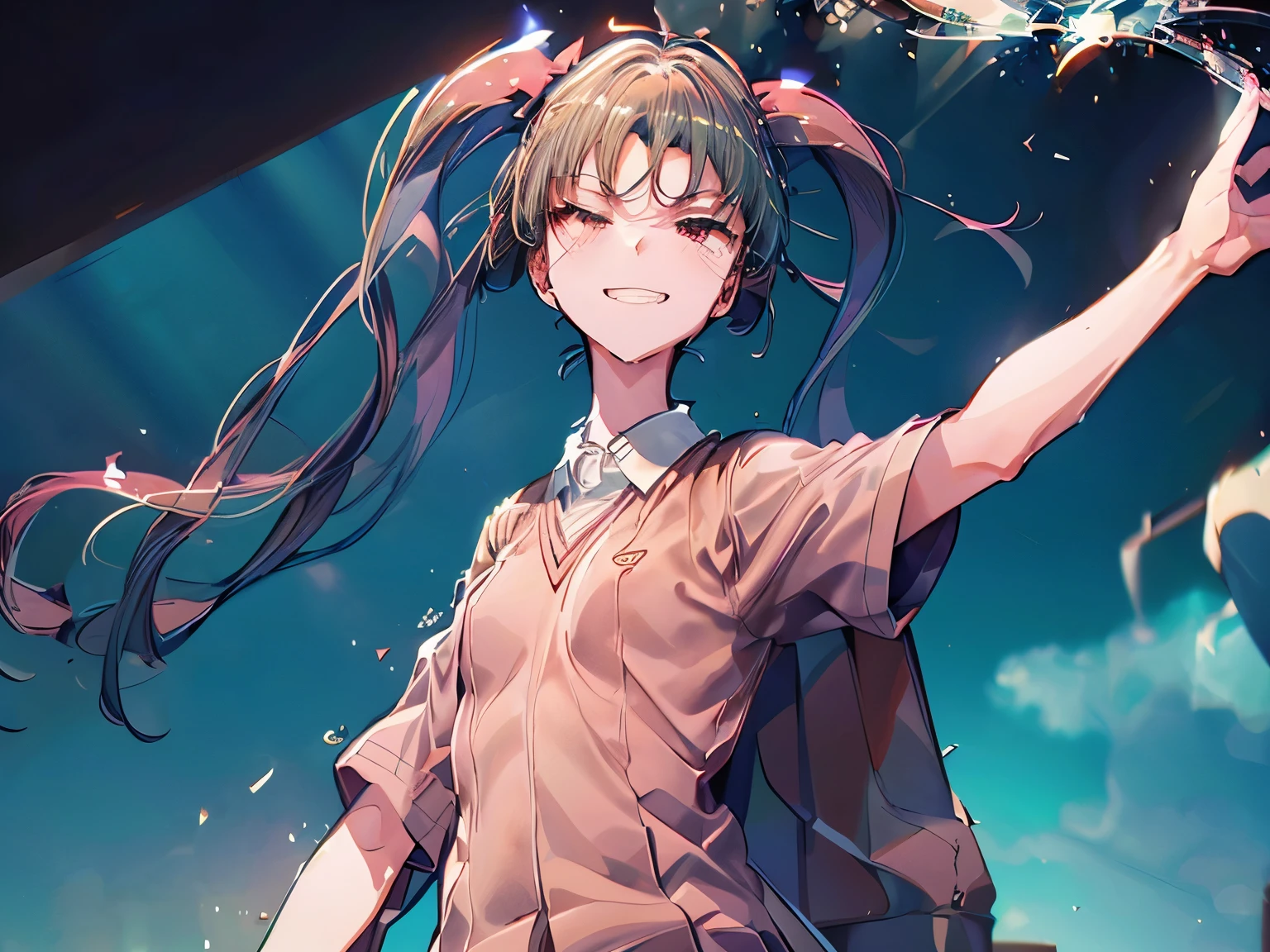 Kuroko Shirai, (Tokiwadai Uniforms:1.5), Twin tails, Arms up, (masterpiece, Absurd quality, Highest quality, Official Art, beautifully、aesthetic:1.2), 16K, Very detailed, Most detailed, Sharp focus,), By famous artists, (Conversion Sequence), (difficult:1.8), (Simple blank background:2.0), Minimalism, sketch, (cowboy shot:1.5), (double exposure:1.5), kaleidoscopic, sketch, (floating hair:1.5), from below, (evil smile:1.5), Minimalism, (Silhouette:1.5), from front, crazy,