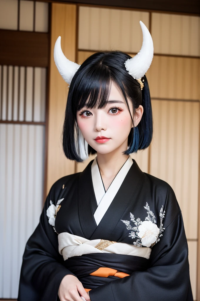 She has black and white hair that reaches down to her waist.。
A pair of gold or black horns growing from its head。
Skin is light orange。
Heterogeneous eyes: dark red and blue。
Wearing a white haori over a black kimono。
