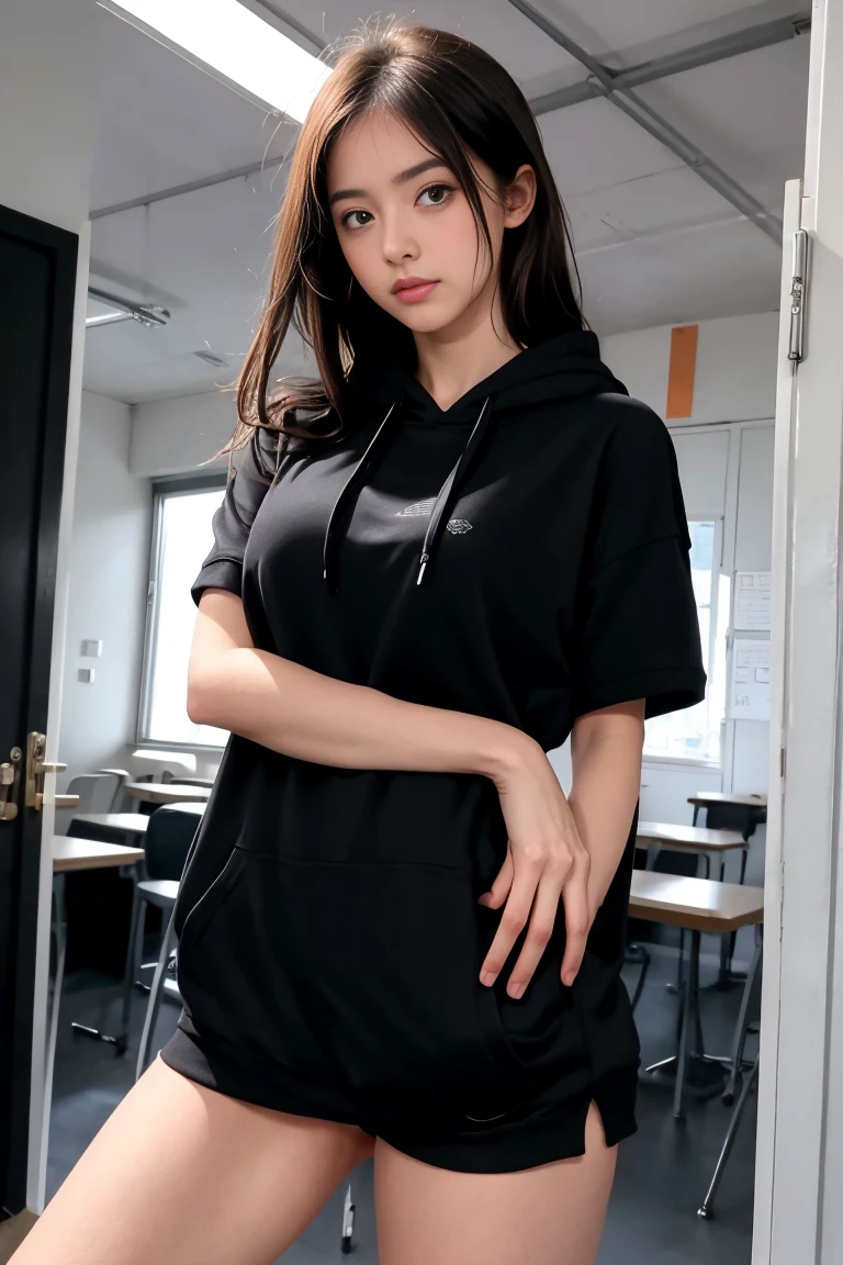 une femme de 18 ans sexy et mince , black short sleeve hoodie , salle de classe, se touche,position sey,sensuel