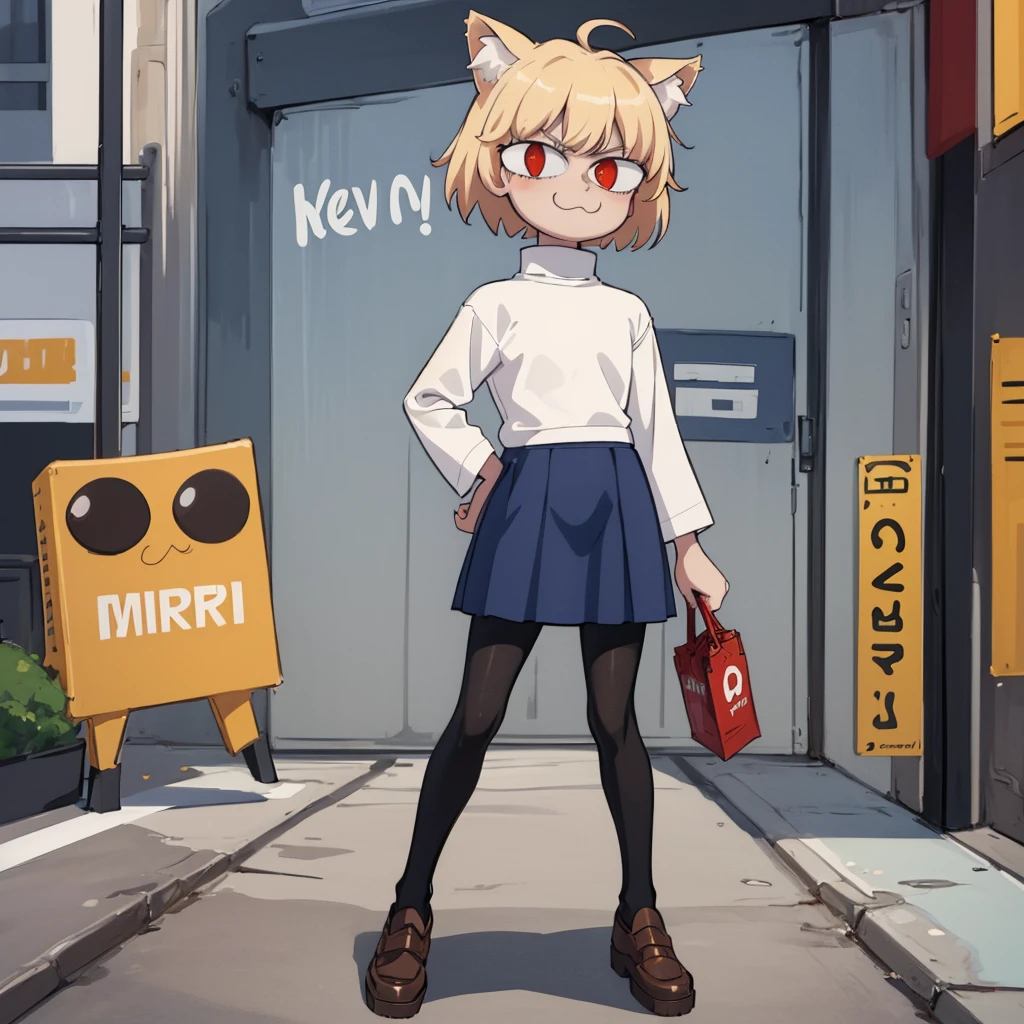 (masterpiece, best quality:1.2),  necoarc, slit pupils, cat ears, blonde hair, red eyes, chibi, 1boy, solo, white turtleneck, blue skirt, pleated skirt, brown footwear, pantyhose, outdoors, looking at viewer, pov, smug face