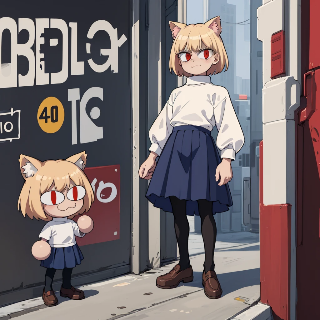 (masterpiece, best quality:1.2), necoarc, slit pupils, cat ears, blonde hair, red eyes, chibi, 1boy, solo, white turtleneck, blue skirt, pleated skirt, brown footwear, pantyhose, outdoors, looking at viewer, pov, smug face