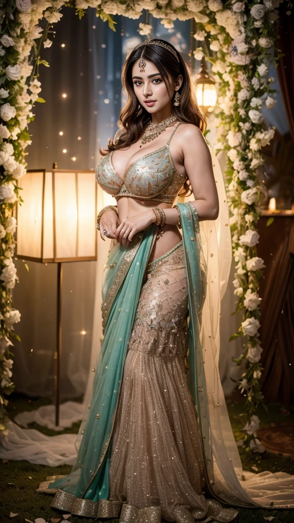 Hiba Nawab in 25  years old, perfect age, ultra realistic face, (((Stunningly Beautiful persian Princesss ))), elegant mose green and orange updo hair, sweet smile, Beautiful bride posing under   fairy tale arch of exotic magical flowers, looking back,elaborate scene style, crystal glass lattice, glitter, transparent embroidered lace, realistic style, 8k,exposure blend, medium shot, bokeh, (hdr:1.4), (cinematic), ( dark tones:1.3), (hyperdetailed:1.2),Realism,1 girl,girl wearing indian saree(dressed in transparent saree)(wearing glitter graphics jewelry)big  ,Sexy Big Breast,nipple,bright light ,long_hair, Bokeh ,nsfw , indian ,tree branch, colourfull ,undersized bra,princess dress,lehenga choli,different poses , lean forward,hanging 