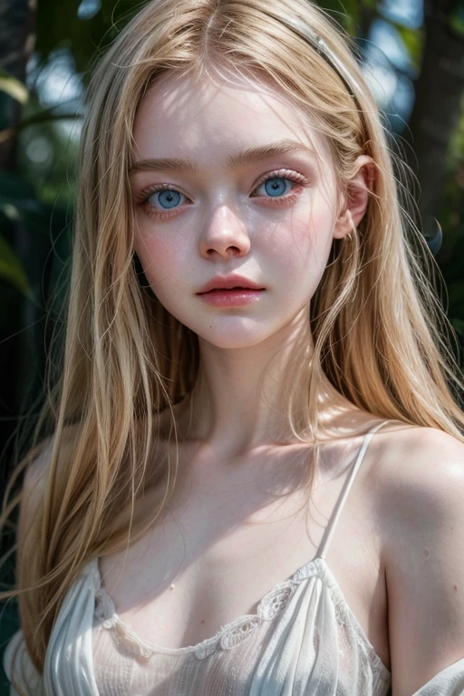 Elle Fanning, Imagen ultrarealista de alta calidad de una adolesente, cuerpo completo..ojos azul, piel blanca. small breasts, senos visibles, vagina visible, vagina bien detallada, piel blanca, detalles finos en piel , ojos azules. Mirando al espectador, hermosos rostro. Parada de frente, rosas rojas, flores