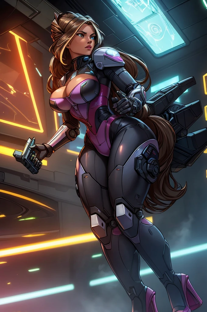 a girl wearing mecha cyber armor,technology bodysuit,smart lines in the costume,cleavage,tech boots,tech gloves,(mechanized valkyrie girl),full body,high heels,intricate details,hyper realistic,8k,award winning,cinematic lighting,dynamic pose,dramatic colors,complex patterns,futuristic,cyberpunk,chiaroscuro lighting,highly detailed,photorealistic,unreal engine,volumetric fog,advanced rendering, technology pistol in hands shining.