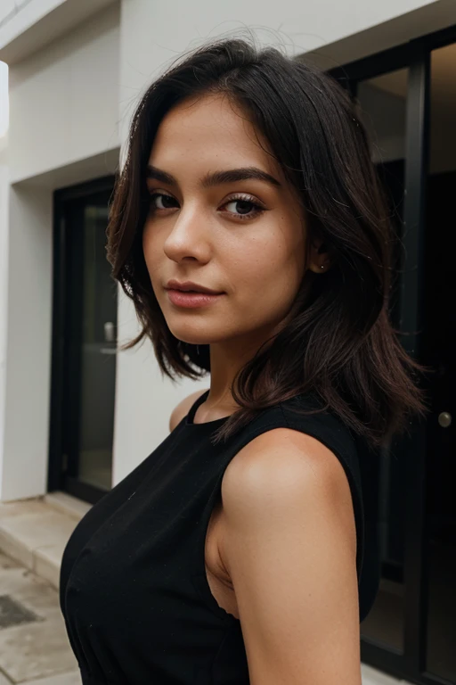 a close-up of a woman dressed in a black dress
