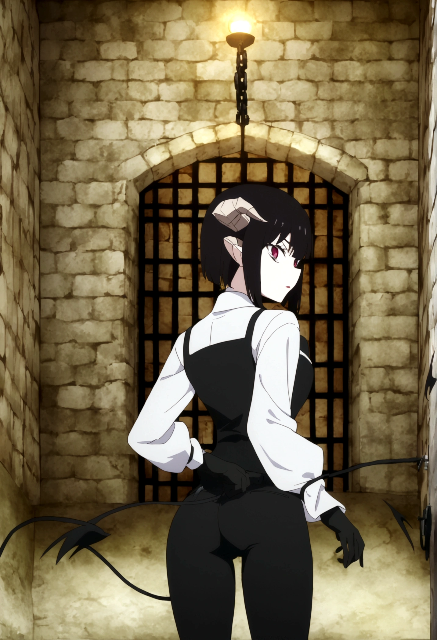 torture tortura,1girl horns short hair demon tail, white shirt black ascot black gloves black pants black vest ,shining eyes,looking back