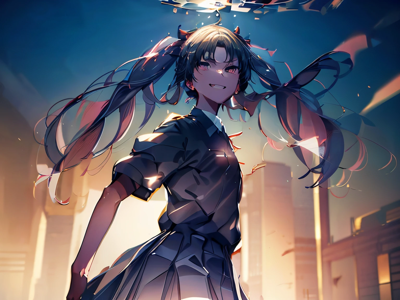 Kuroko Shirai, (Tokiwadai Uniforms:1.5), Twin tails, Arms up, (masterpiece, Absurd quality, Highest quality, Official Art, beautifully、aesthetic:1.2), 16K, Very detailed, Most detailed, Sharp focus,), By famous artists, (Conversion Sequence), (difficult:1.8), (Simple blank background:2.0), Minimalism, sketch, (cowboy shot:1.5), (double exposure:1.5), kaleidoscopic, sketch, (floating hair:1.5), from below, (evil smile:1.5), Minimalism, (Silhouette:1.5), from front, crazy smile,