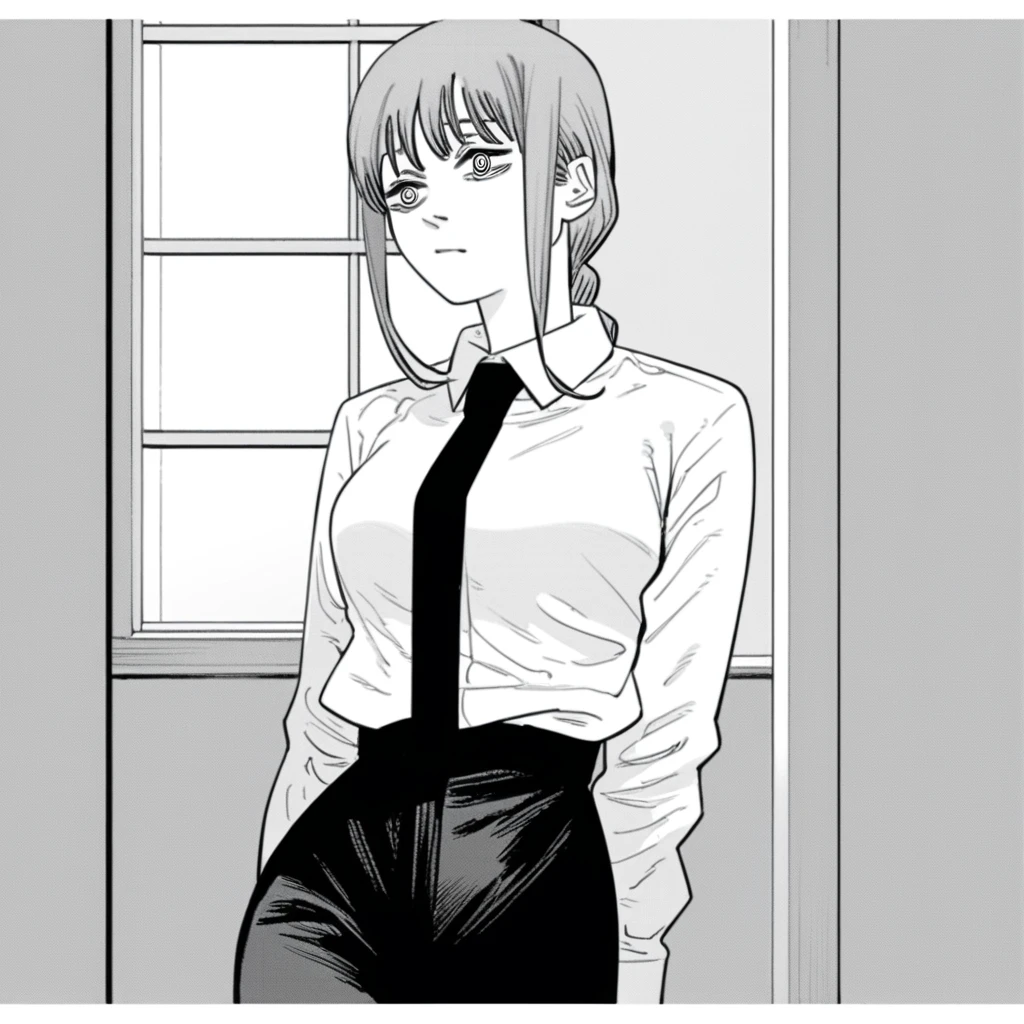 score_9, score_8_up, score_7_up, score_6_up, score_5_up, score_4_up, 2d, sketchy, manga, source_manga, fujichai, monochrome, fujichai, monochrome, 1girl,solo,breasts,bangs,shirt,long sleeves,medium breasts,monochrome,braid,greyscale,necktie,collared shirt,pants,black pants,formal,suit,black necktie,braided ponytail,shirt tucked in,office lady,ringed eyes,business suit,high-waist pants,makima (chainsaw man)