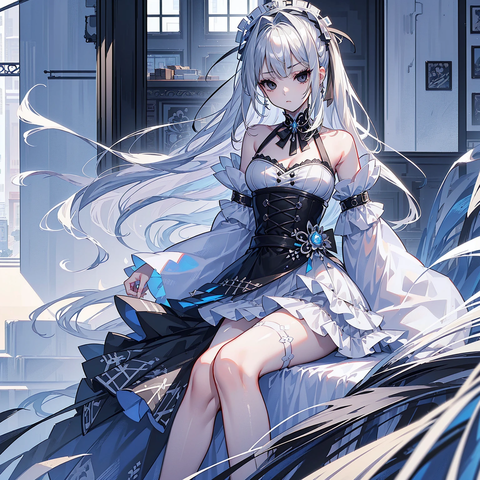 (Top image quality)、(Ultra Detailed)、(Facing forward)、top quality、masterpiece、((((1 girl))))、Silver Hair、white hair、((Long hair))、(black eyes:1.6)、(ta)、(Inorganic expression:1.5)