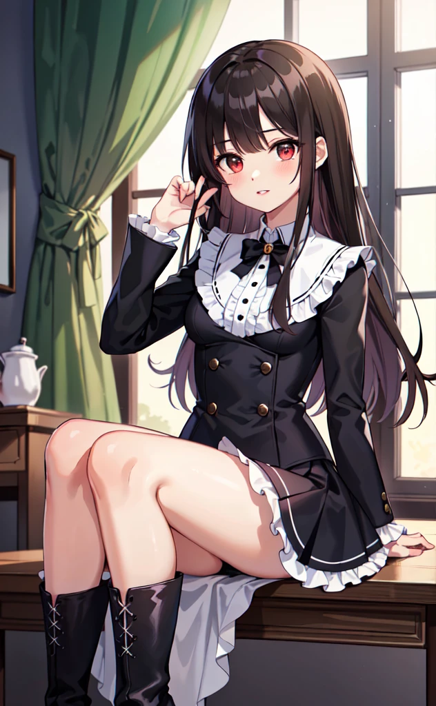 (Highest quality,High resolution,Beautiful attention to detail,White lighting:1.2),Red eyes, View your viewers, Long Hair, Black Hair, Knee-high boots, Black footwear, blush, Sitting, Long sleeve, bangs, Part your lips, Black Hair, dress, Raise your knees, Brown Hair, white skirt, Frills, skirt,Thighs, Side Lock,