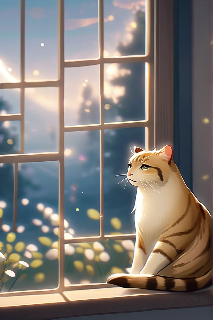 ((Лучшее качество)), ((шедевр)), (подробный), Meikun is a big cat sitting on the windowsill and looking at the sky