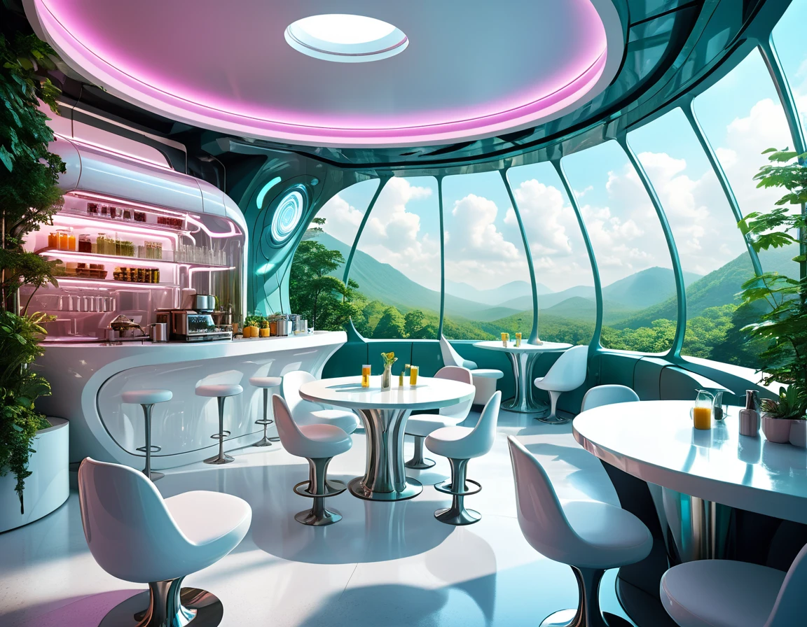 ultra-realistic solarpunk canteen in suspended building, futuristic interior design with round bar counter made of reflective white polyethylene, chairs and tables in a room with large windows, futuristic and ethereal, futuristic setting, karim rashid, futuristic interior, smooth utopian design,in a futuristic forest place, surreal design, by Zha Shibiao, futuristic decoration, solarpunk cantine, cafe in the clouds, surreal sci fi set design, futuristic architecture concept, natural and volumetric lighting, sharp focus, vibrant colors,high saturation,high contrast,very high resolution,HDR,8k, masterpiece, best quality