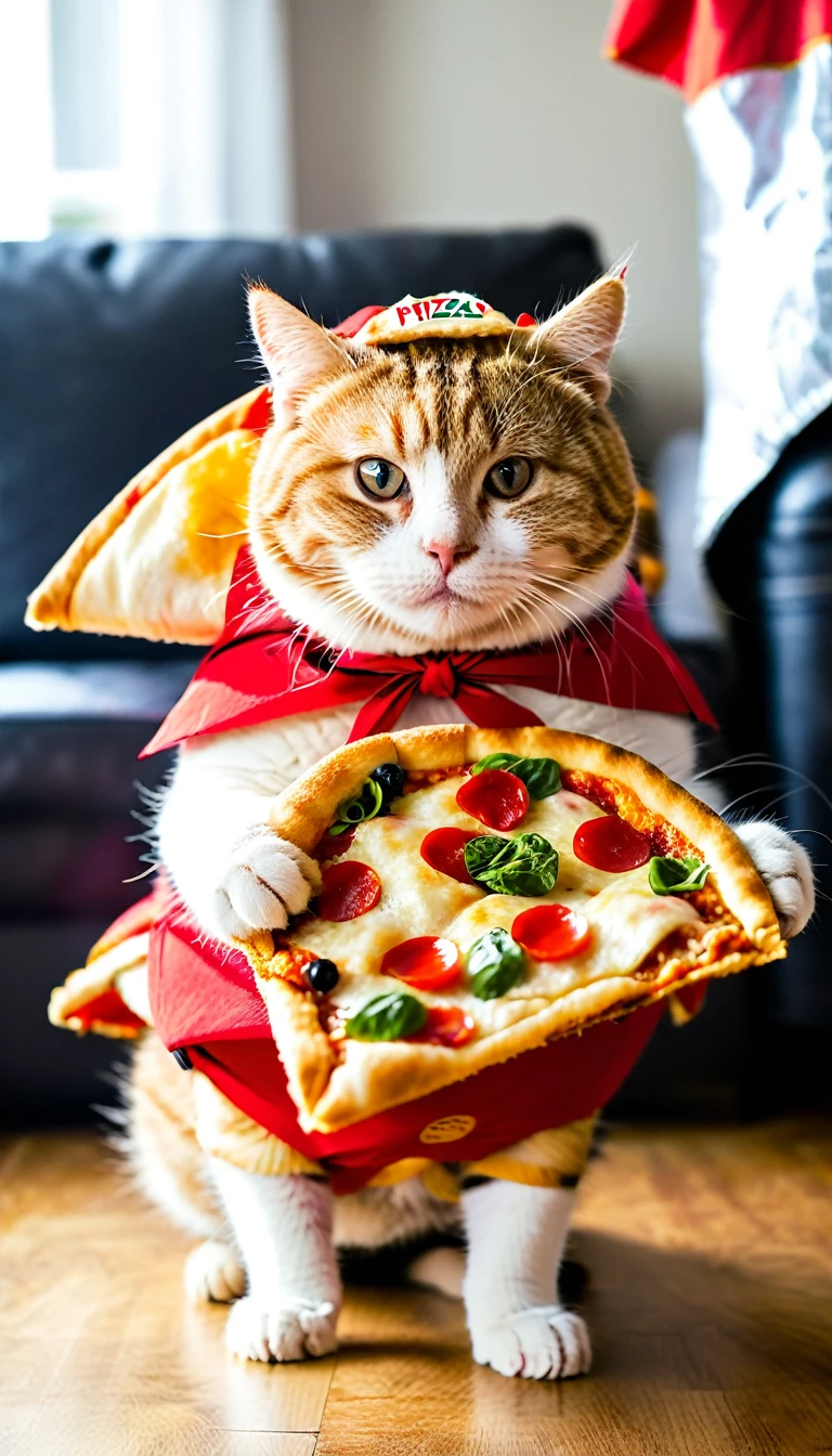 A chubby cat dressed in a Pizza-La costume from the pizza delivery company、I deliver pizza.