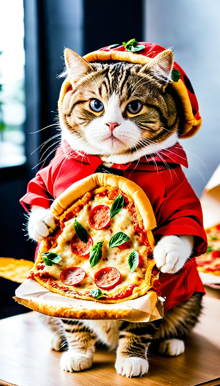 A chubby cat dressed in a Pizza-La costume from the pizza delivery company、I deliver pizza.
