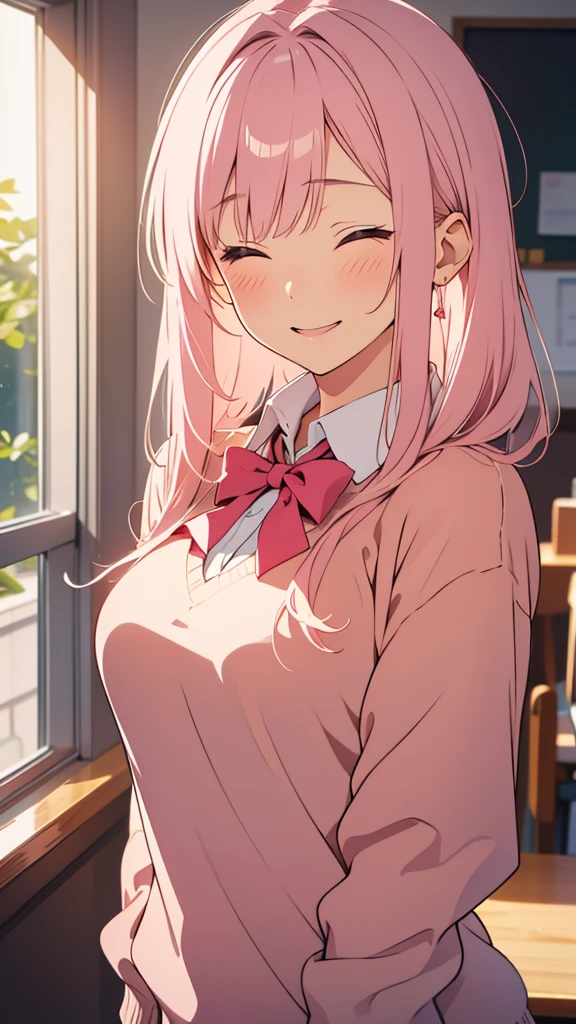 8k,(High quality:1.4),(best quality:1.4),(masterpiece:1.4),(busty breasts:1.2),(beautiful face:1.3),(beautiful woman:1.3),(pale pink hair:1.4),medium hair,a mole around the mouth,(enjoy:1.6),(closed eyes:1),(burst into laughter:1.4), (squinting:1.2)(school uniform:1.1),(beige sweater:1.2),(close-up:1.2),a bow tie