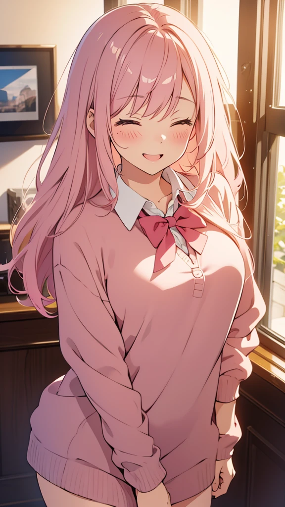 8k,(High quality:1.4),(best quality:1.4),(masterpiece:1.4),(busty breasts:1.2),(beautiful face:1.3),(beautiful woman:1.3),(pale pink hair:1.4),medium hair,a mole around the mouth,(enjoy:1.6),(closed eyes:1),(burst into laughter:1.4), (squinting:1.2)(school uniform:1.1),(beige sweater:1.2),(close-up:1.2),a bow tie