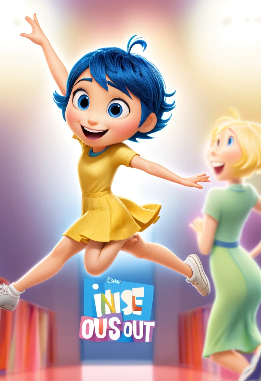 Joy (a character in the movie "Inside Out" with short blue hair and yellow dress) is excited, jumping around, throwing review outlines and papers with a bright smile, symbolizing the feeling of "liberation" from academic pressures. , exam review after the graduation exam.
