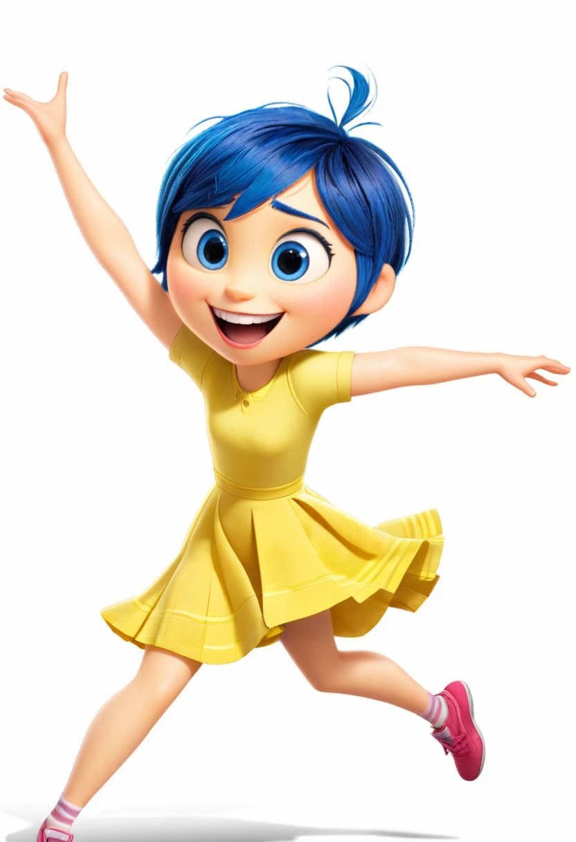 Joy (a character in the movie "Inside Out" with short blue hair and yellow dress) is excited, jumping around, throwing review outlines and papers with a bright smile, symbolizing the feeling of "liberation" from academic pressures. , exam review after the graduation exam.