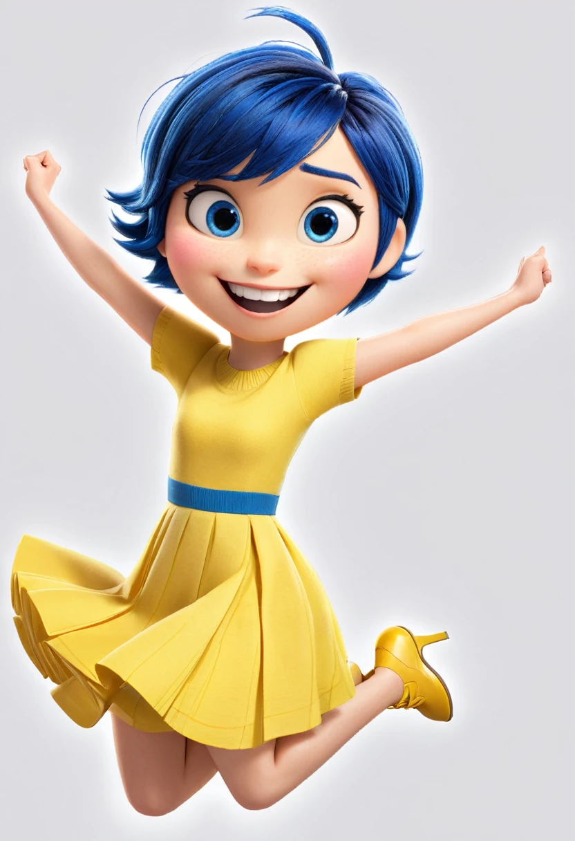 Joy (a character in the movie "Inside Out" with short blue hair and yellow dress) is excited, jumping around, throwing review outlines and papers with a bright smile, symbolizing the feeling of "liberation" from academic pressures. , exam review after the graduation exam.