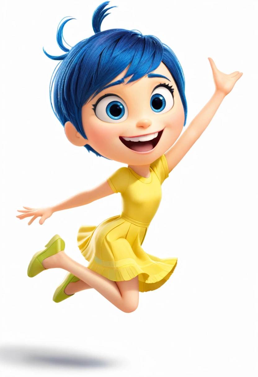 Joy (a character in the movie "Inside Out" with short blue hair and yellow dress) is excited, jumping around, throwing review outlines and papers with a bright smile, symbolizing the feeling of "liberation" from academic pressures. , exam review after the graduation exam.