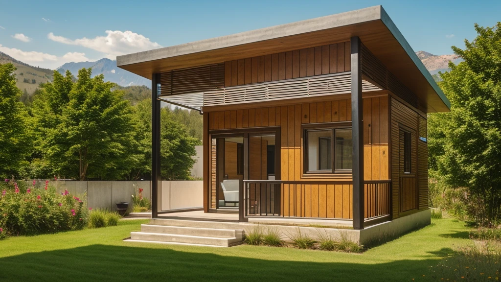 modern house flat roof, among the meadows,Behind the scenes are the hills.