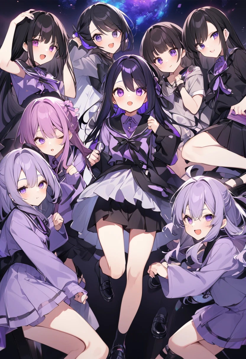 Keito。Purple hoodie。Black Skirt。Purple Eyes。Black Hair。Black shoes下。Black shoes。6 people。The eldest daughter has purple hair。all female
