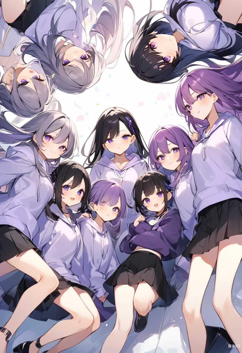 Keito。Purple hoodie。Black Skirt。Purple Eyes。Black Hair。Black shoes下。Black shoes。6 people。The eldest daughter has purple hair。all female