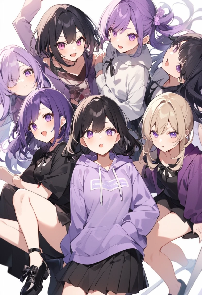 Keito。Purple hoodie。Black Skirt。Purple Eyes。Black Hair。Black shoes下。Black shoes。6 people。The eldest daughter has purple hair。all female
